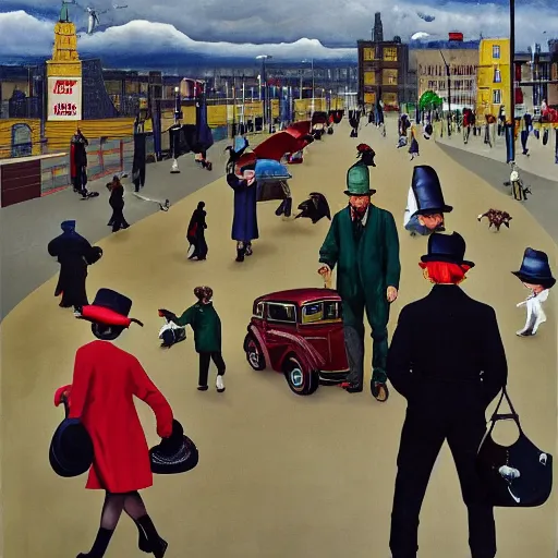 Image similar to oil painting of mornington crescent, rain in the southeast, men wearing bowler hats, kids with spats on their shoes, ladies with chauffeurs, dogs wearing hats and jackets, rich apartments, old punk posters, tartan garments, by neo rauch, by peter blake