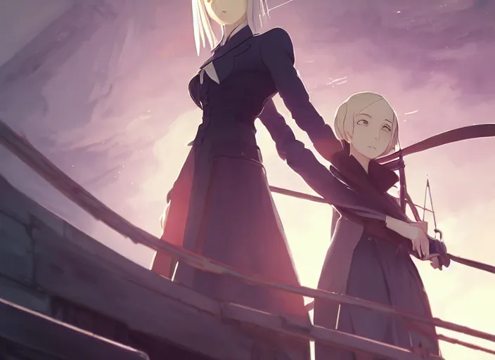 Image similar to portrait of lady maria, helm of second world war warship in background, illustration concept art anime key visual trending pixiv fanbox by wlop and greg rutkowski and makoto shinkai and studio ghibli and kyoto animation, symmetrical facial features, astral witch clothes, ww 2, golden details, gapmoe yandere grimdark, volumetric lighting, backlit