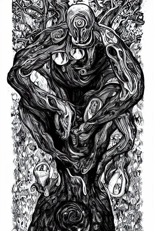 Prompt: black and white illustration, creative design, body horror, mushroom man