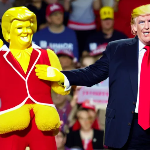 Image similar to Ronald McDonald endorses Trump at a campaign rally