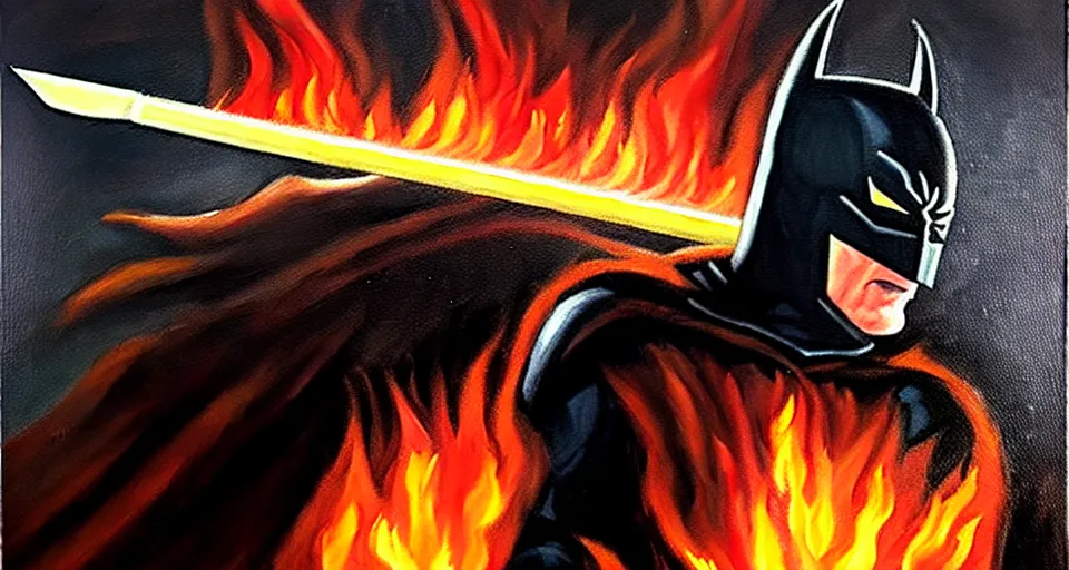 Image similar to An oil painting of a dark knight wielding a flaming sword