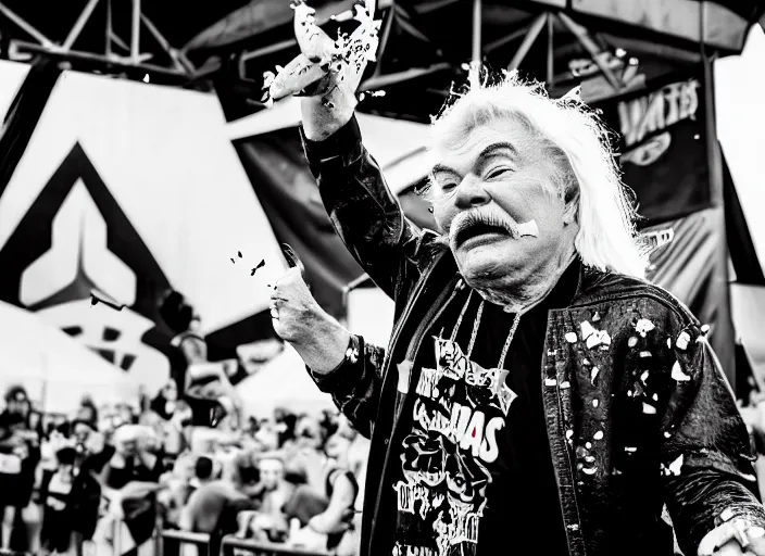 Image similar to photo still of rip taylor at vans warped tour!!!!!!!! at age 6 3 years old 6 3 years of age!!!!!!! on stage throwing confetti at a crowd, 8 k, 8 5 mm f 1. 8, studio lighting, rim light, right side key light