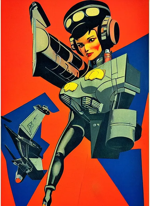 Image similar to soviet propaganda poster art. powerful cyberpunk pilot. portrait by jean giraud and anton otto fischer and john philip falter and will eisner and gil elvgren and pixar. full body. realistic proportions. science fiction d & d. overwatch, rb 6 s, cyberpunk 2 0 7 7, blade runner 2 0 4 9. cel shading. thick lines.