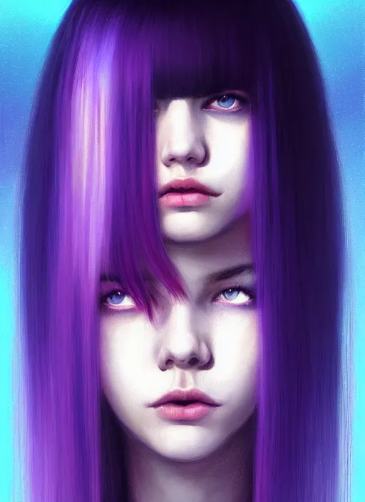 Image similar to hair whitebangs hair, black hair, whitebangs, portrait of teenage girl with white bangs, red irises, purple clothes, white bangs, bangs are different color from hair, intricate, elegant, glowing lights, highly detailed, digital painting, artstation, concept art, smooth, sharp focus, illustration, art by wlop, mars ravelo and greg rutkowski