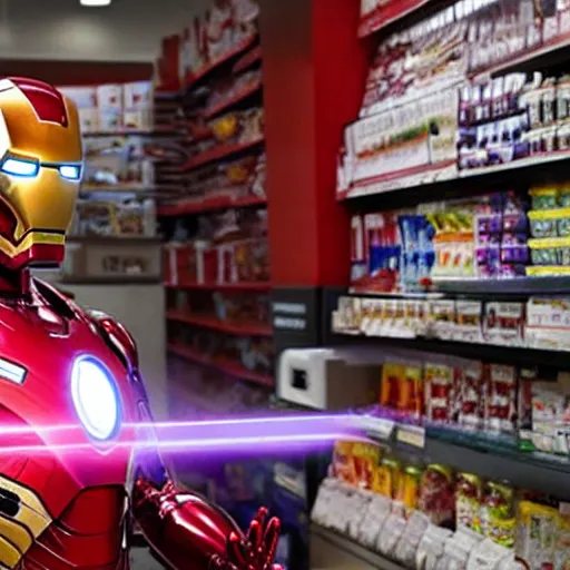 Image similar to Iron Man working as a 7/11 cashier using a red laser scanner, cash register, red laser scanner, wide wide shot, very detailed, beautiful lighting, smoke