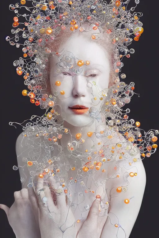 Prompt: a closeup photo, real intricate delicate white translucent ceramic porcelain and glass sculpture of a beautiful smiling woman, gustav klimt and victo ngai and takato yamamoto, spooky, made of lollypops, micro detail, backlit lighting, translucent, thin porcelain, octane renderer, colorful, physically based rendering, bubbles swirling around