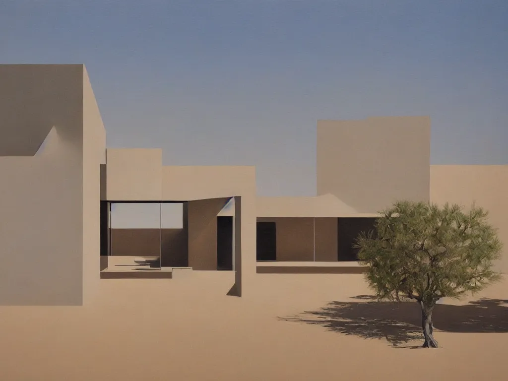 Prompt: painting of a house in the desert designed by tadao ando, amazing lighting, oil painting, highly detailed