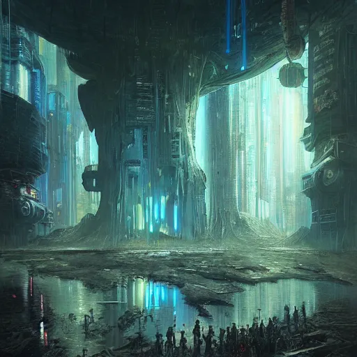 Prompt: an enigmatic and terrifying painting of a cyberpunk universe by marc simonetti, greg rutkowski, ferdinand knab, colour, hyper detail, 8 k, one giant oak, universe, nebula, burst of colour, imaginary, roots, concept art, out of this world, depth, incredible depth