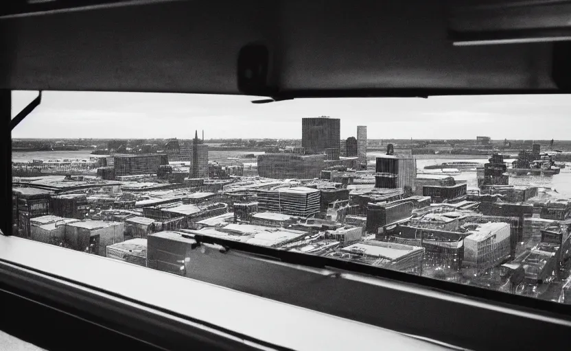 Image similar to low angle photo of sunrise view of buffalo new york as seen from a bus window, scene from being john malcovich film directed by charlie kaufman ( 2 0 0 1 ), moody cinematography and lighting, 2 4 mm anamorphic lens