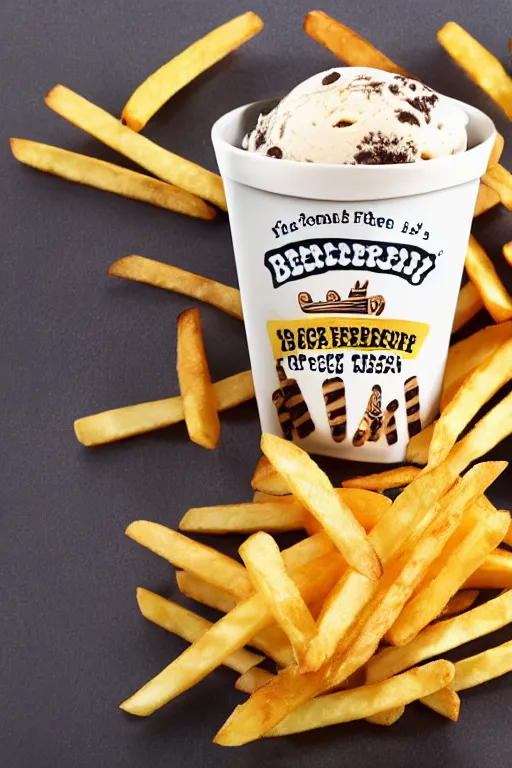 Image similar to french fries flavoured ben and jerry's ice cream, product photo, professional