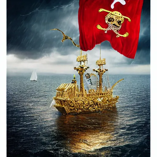 Image similar to Extremely detailed photo-realistic Beautiful Pirate Golden Galleon encrusted with gold and gems flying the JollyRoger flag, by erik johansson in a stormy sea