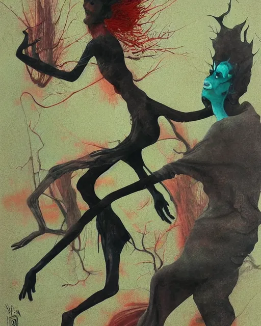 Image similar to Two dark figures dancing in the cold decayed factor in the style of Francis Bacon, Esao Andrews, Zdzisław Beksiński, Edward Hopper, painted by James Gilleard, surrealism, airbrush, very coherent, triadic color scheme, art by Takato Yamamoto and James Jean