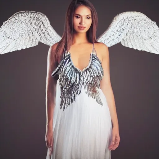 Prompt: full shot photo of a beautiful angel woman with crystal wings