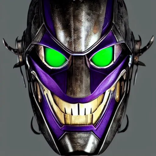 Prompt: face of an armored villian, ultron, sauron, evil dark, mask, joker smile, iridescent eyes, purple and green highlights, metal, knight