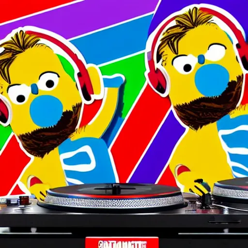 Image similar to svg sticker of a Pop-Wonder Bert&Ernie, Sesame-Street, at a rave, spinning records, giant headphones rocking out, wearing headphones, huge speakers, dancing, rave, DJ, spinning records, digital art, amazing composition, rule-of-thirds, award-winning, trending on artstation, featured on deviantart