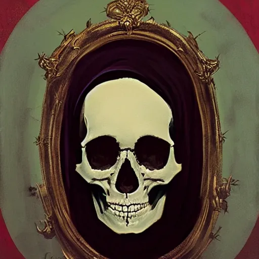 Image similar to painting of the virgin mary skull face by greg rutkowski and warhol and banksy and jc leyendecker