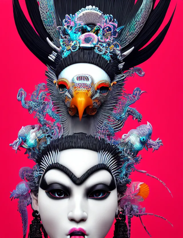 Image similar to 3 d goddess close - up profile portrait punk with mohawk with ram skull. beautiful intricately detailed japanese crow kitsune mask and clasical japanese kimono. betta fish, jellyfish phoenix, bio luminescent, plasma, ice, water, wind, creature, artwork by tooth wu and wlop and beeple and greg rutkowski