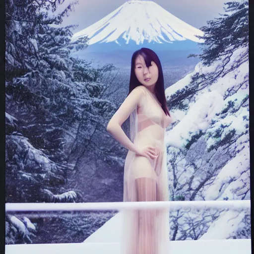 Image similar to a instax photo of fuji mountain, a tall japanese girl in a transparent sheer fabric dress against the background of fuji mountain, severe snow, full body shot, perfect symmetrical body, perfect symmetrical face, coherent symmetrical eyes, hyperrealistic, hyperdetailed, octane render, 8 k