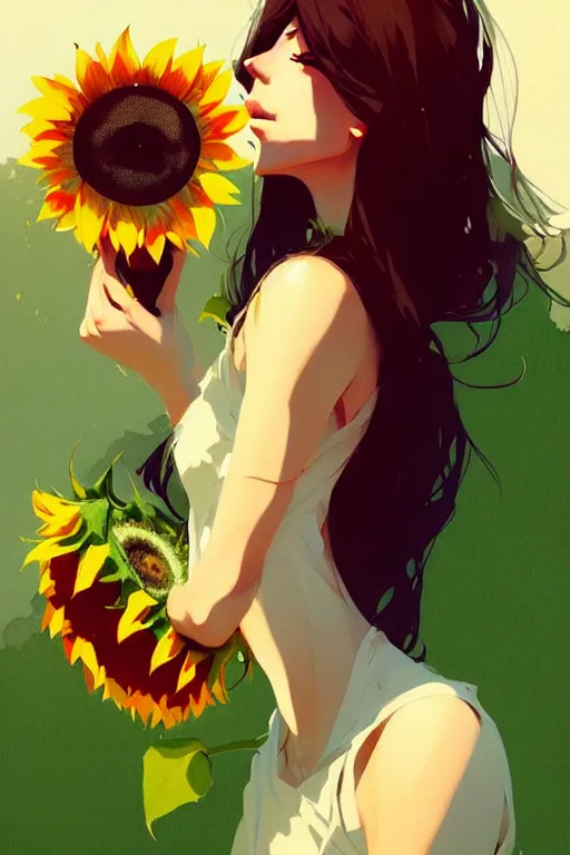 Image similar to a ultradetailed beautiful panting of a stylish woman holding a sunflower, by conrad roset, greg rutkowski and makoto shinkai, trending on artstation