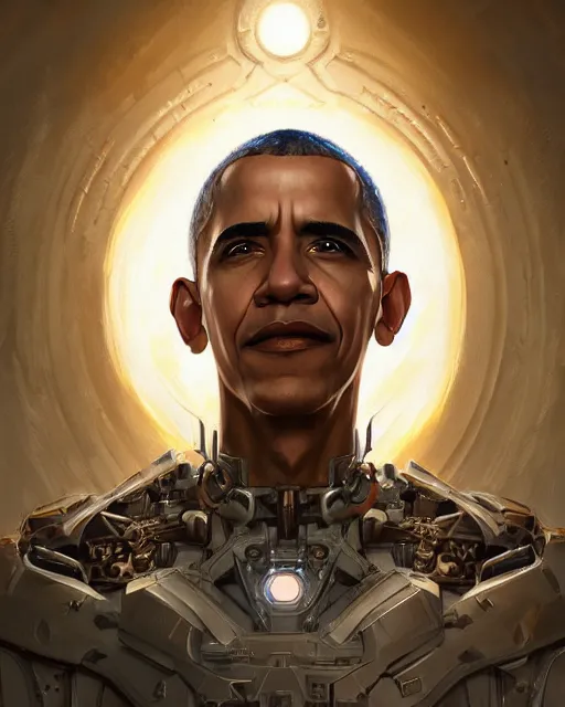 Image similar to portrait of holy cyborg barack obama, fantasy, intricate, elegant, highly detailed, digital painting, artstation, concept art, smooth, sharp focus, illustration, by artgerm and greg rutkowski