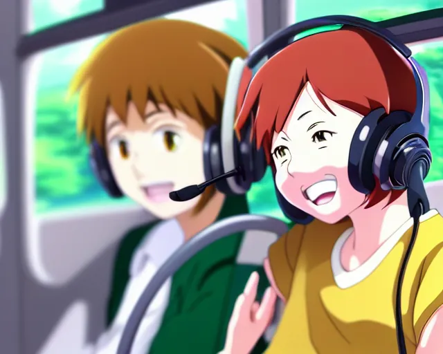 Image similar to anime fine details portrait of joyful girl in headphones in school bus, bokeh. anime masterpiece by Studio Ghibli. 8k render, sharp high quality anime illustration in style of Ghibli, artstation