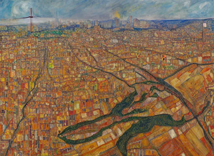 Image similar to a realistic San-Francisco cityscape, bird view, hills, Golden Gate, houses, parks, and hell bursting in style of Egon Schiele, Wayne Thiebaud and Frank Auerbach and Bosch