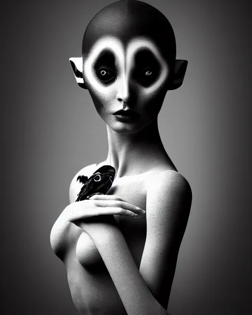 Image similar to surreal mythical dreamy dark artistic black and white fine art 3 / 4 fashion portrait photo of a young beautiful delicate female robot with orchid - owl face, rim light, cinematic, studio dramatic light, poetic, masterpiece, octane render, 8 k, photo - realistic by hg giger