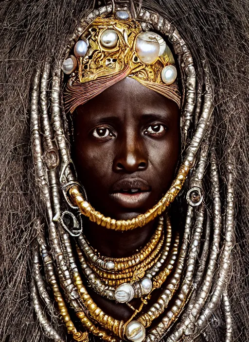 Image similar to hyperrealism, detailed textures, award winning autochrome african colonial 1 9 0 5 photo, symetrical africanpearl old screaming medusa queen autochrome pearl portrait, pearl silverplate, intricate, detailed facial pearl scary animal mask, pearl, golden jewelery, silverplate, ultra realistic, cinematic, intricate, cinematic light by steve mccurry, unreal engine 8 k