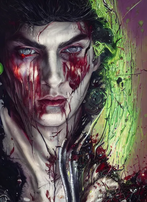 Image similar to a Demon Slayer portrait of Johnny Silverhand, tall, pale-skinned, slender with lime green eyes and long eyelashes by Stanley Artgerm, Tom Bagshaw, Arthur Adams, Carne Griffiths, trending on Deviant Art, street art, face enhance, chillwave, maximalist, full of color, glittering