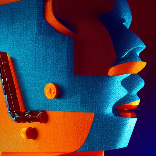 Prompt: head made by Lego is melting, liquified, chrome reflections, black ink, glue dropping, fish skin, lit by one neon light from the top, rim lights orange and blue, octane render, cgsociety, autodesk, behance, kiki picasso style