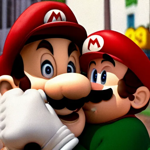 Prompt: photo of super mario hugging luigi, cinestill, 800t, 35mm, full-HD