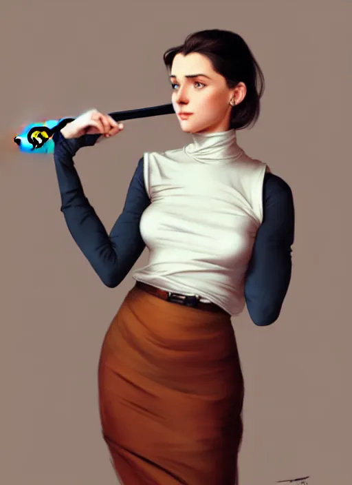 Image similar to portrait of a full body of beautiful young female secretary, d & d, sleeveless turtleneck, pencil skirt, fantasy, flat lighting, intricate, highly detailed, digital painting, artstation, concept art, smooth, sharp focus, illustration, art by simon bisley and greg rutkowski and alphonse mucha, natural tpose