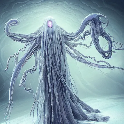 Prompt: concept designs of a chained ethereal ghostly wraith like figure with a squid like parasite latched onto its transparent skull and long tentacle arms that flow lazily but gracefully at its sides like a cloak while it floats around a frozen rocky tundra in the snow searching for lost souls and that hides amongst the frozen underbrush, this character has hydrokinesis and electrokinesis for the resident evil village video game franchise with inspiration from the franchise Bloodborne in the style of arcane the series on netflix