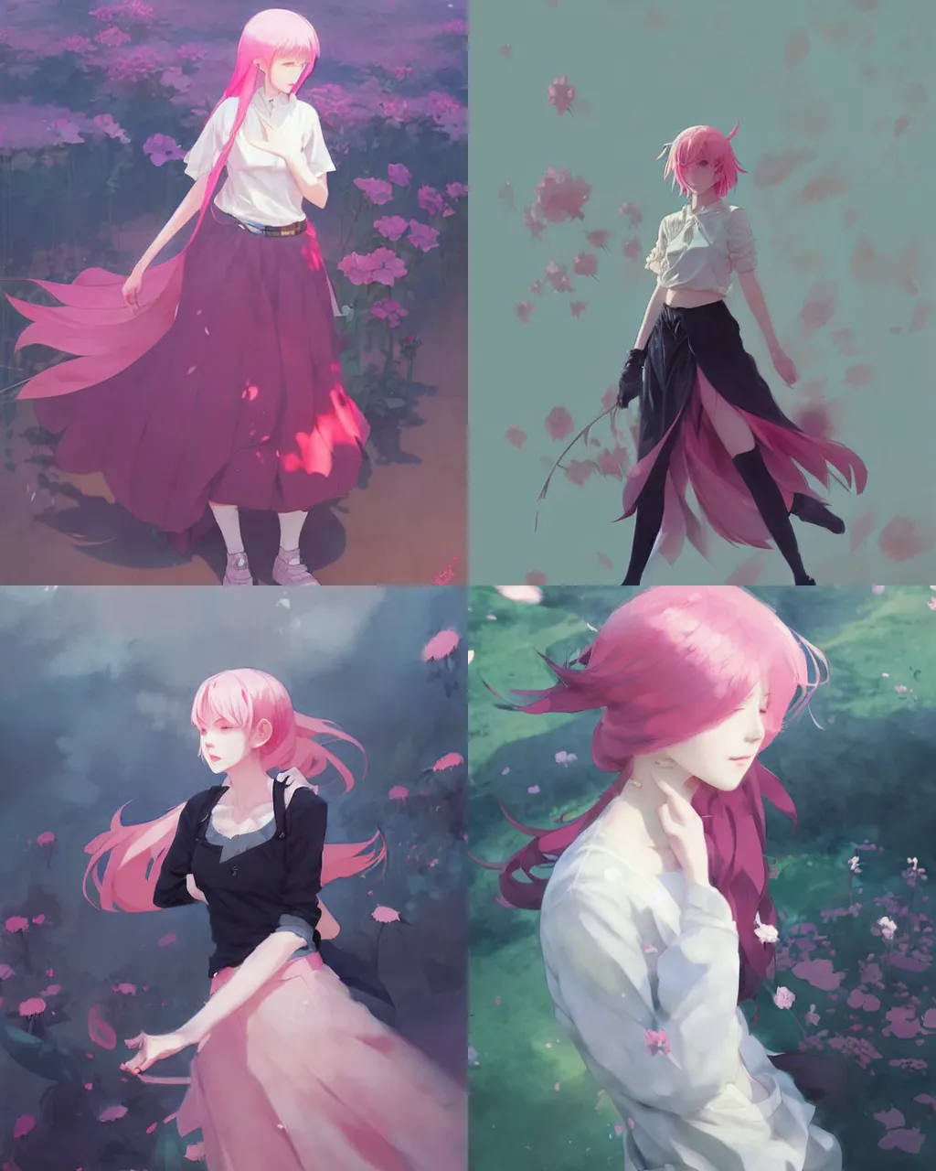 Prompt: a girl with pink hair and black skirt in the flower room, a beautiful half body illustration, top lighting, perfect shadow, soft painting, reduce saturation, leaning towards watercolor, art by hidari and krenz cushart and wenjun lin