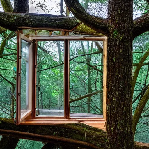 Image similar to view of the forest through a window in a tree house