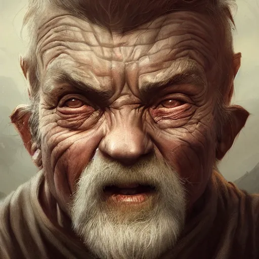 Prompt: a detailed matte head - on portrait painting of a sweet ugly old hobbit man, with a large scar and missing teeth portrait by charlie bowater, lise deharme, wlop, tending on arstation, dungeons and dragon, dnd, pathfinder, fanart, oil on canvas