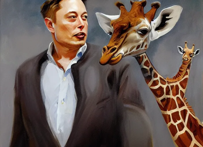 Image similar to a highly detailed beautiful portrait of elon musk with a giraffe, by gregory manchess, james gurney, james jean