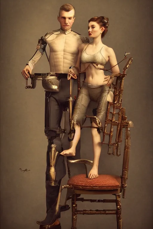 Prompt: a beautiful ultradetailed fine art old vintage couples portrait photo of cyborgs sitting on a chair and standing, by tom bagshaw, couples portrait, vignette, 35mm lens, golden ratio composition, studio photography, very detailed, artstation, 8k, highly coherent