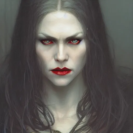 Image similar to portrait of a lady vampire, 35mm, depth of field ominous, sharp, detailed, photorealistic, high definition, 4k, artstation, donato giancola, Greg Rutkowski, matthew benedict, character design