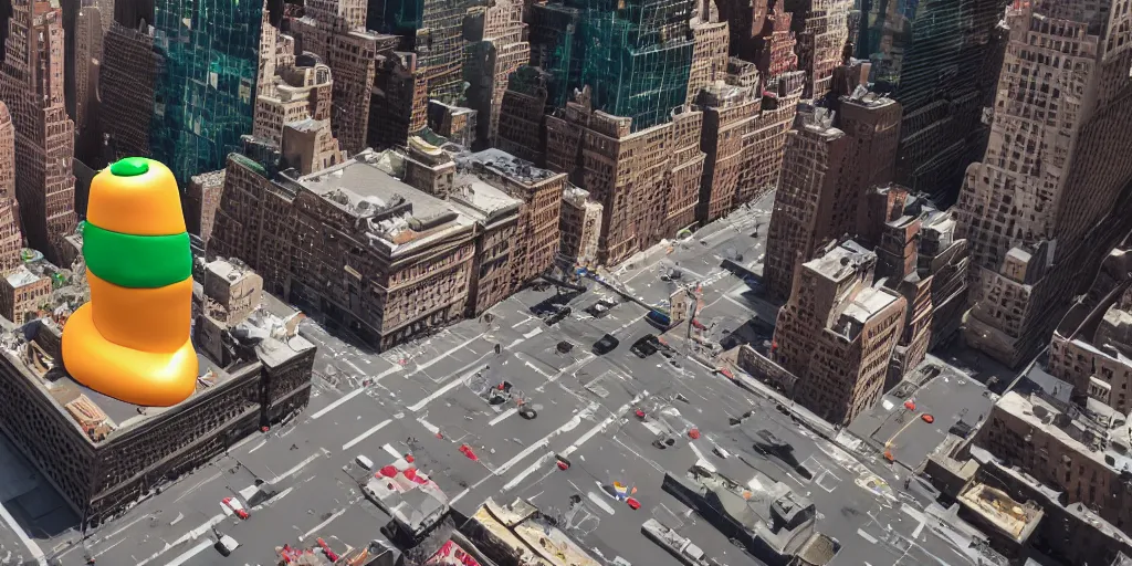 Prompt: an aerial photograph of a giant turd sculpture in the center of a new york street, a large crowd have gathered, by Claes Oldenburg, pop art, 3D render, Volumetric dynamic lighting, Highly Detailed, Cinematic Lighting, Unreal Engine, 8k, HD