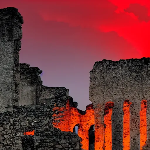 Image similar to leaves blow in the wind. a red glow rises from some ruins nearby.