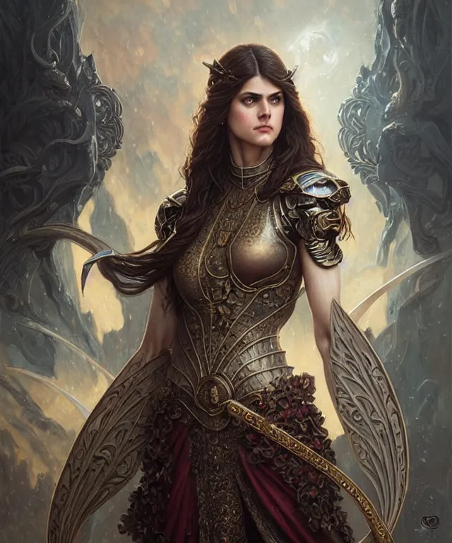 Image similar to Alexandra Daddario Muscular and powerful medieval knight portrait, art nouveau, fantasy, intricate flower designs, elegant, highly detailed, sharp focus, art by Artgerm and Greg Rutkowski