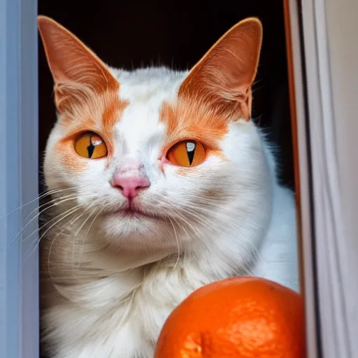 Prompt: 4k close up photo of an orange and white cat standing beside a window, the cat is looking at something outside the window, sun shines in with golden color
