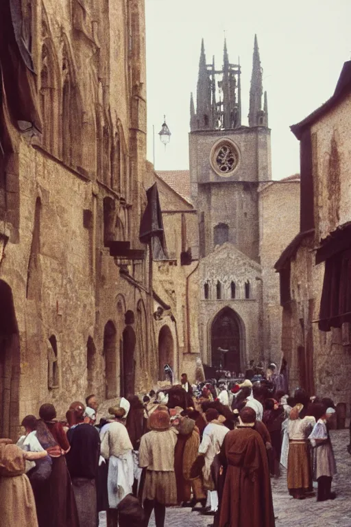 Image similar to a color 3 5 mm photograph of a villagers milling around in a medieval town square with a looming cathedral