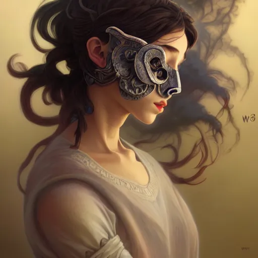 Image similar to Portrait of a girl with oni-half-mask smoke coming out of the nostrils, face, fantasy, intricate, elegant, highly detailed, digital painting, artstation, concept art, smooth, sharp focus, illustration, art by Wei Fan and Fernanda Suarez and Artem Demura and alphonse mucha