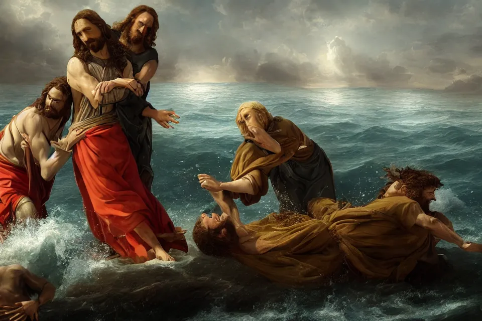 Prompt: An epic matte painting of Jesus saving Petrus in the Water, beautiful, stunning, gorgeous, 4k resolution, professional digital art, f16, intricate