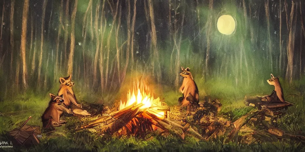 Image similar to A majestic night in the forest. A small group of racoons is sitting next to a campfire. Cinematic, very beautiful, painting in the style of Lord of the rings