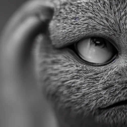 Image similar to symmetrical, close up face portrait of a Pokémon, scowling, studio lighting, depth of field, photography, black and white, highly detailed