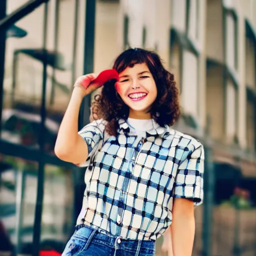 Image similar to cute modern style cartoon girl wearing plaid shirt and jean shorts, she is grinning