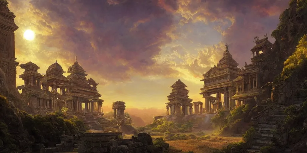 Image similar to beautiful hyperrealistic spectacular painting of a mysterious temple with a timemachine advanced technology with a green-glowing-crystal from the future, by Rapahel Lacoste and Hubert Robert and Lee Madwick, dramatic sunset lighting, advanced technology